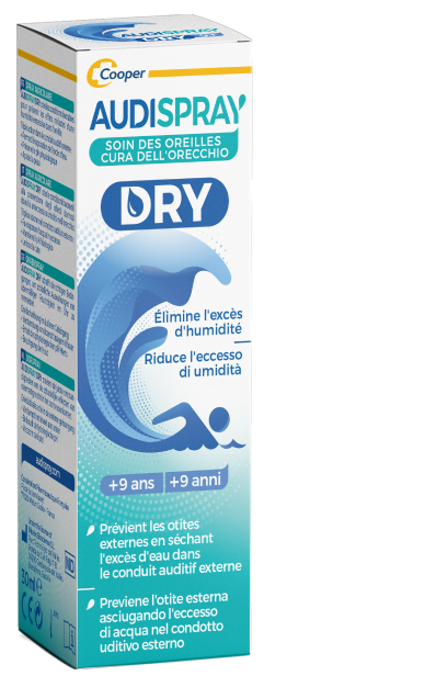 A partir de 9 ans, spray asséchant l'excès d'eau dans le conduit auditif externe.